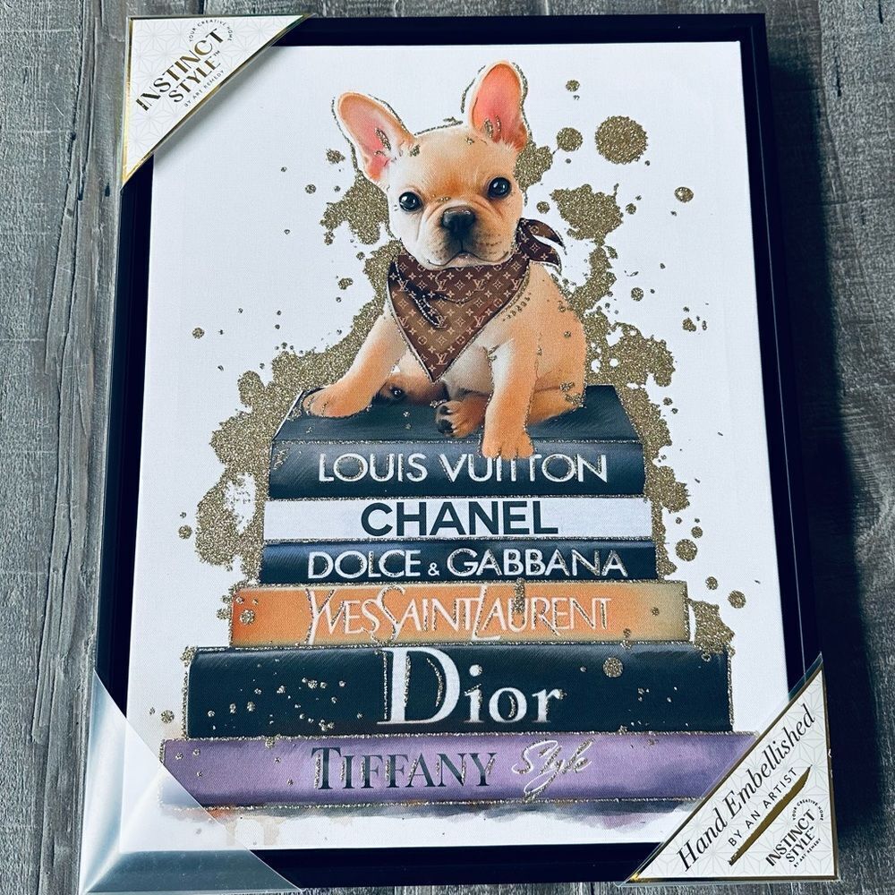 Frenchie Dog Luxury Designer Books Framed Canvas Wall Art Decor